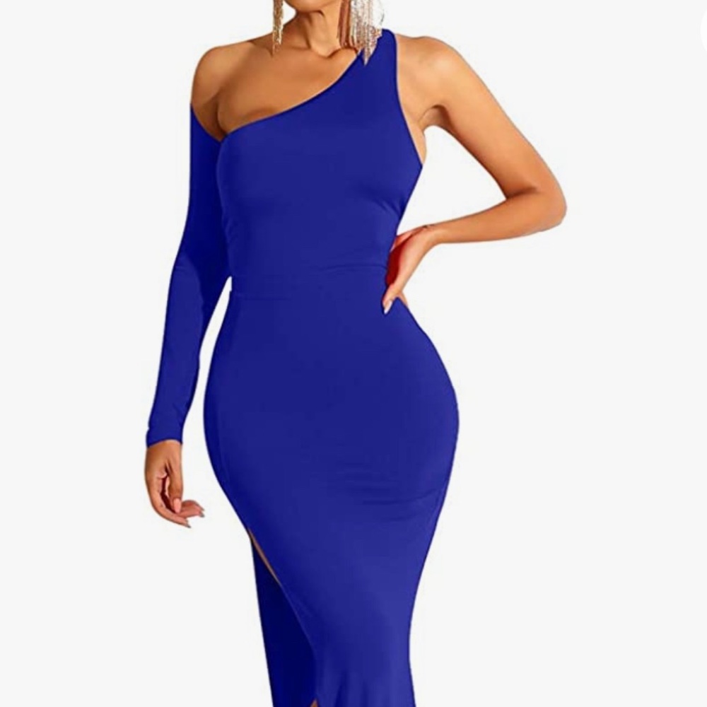 Royal blue one shoulder maxi dress w/ open back wear to prom or wedding. Size M